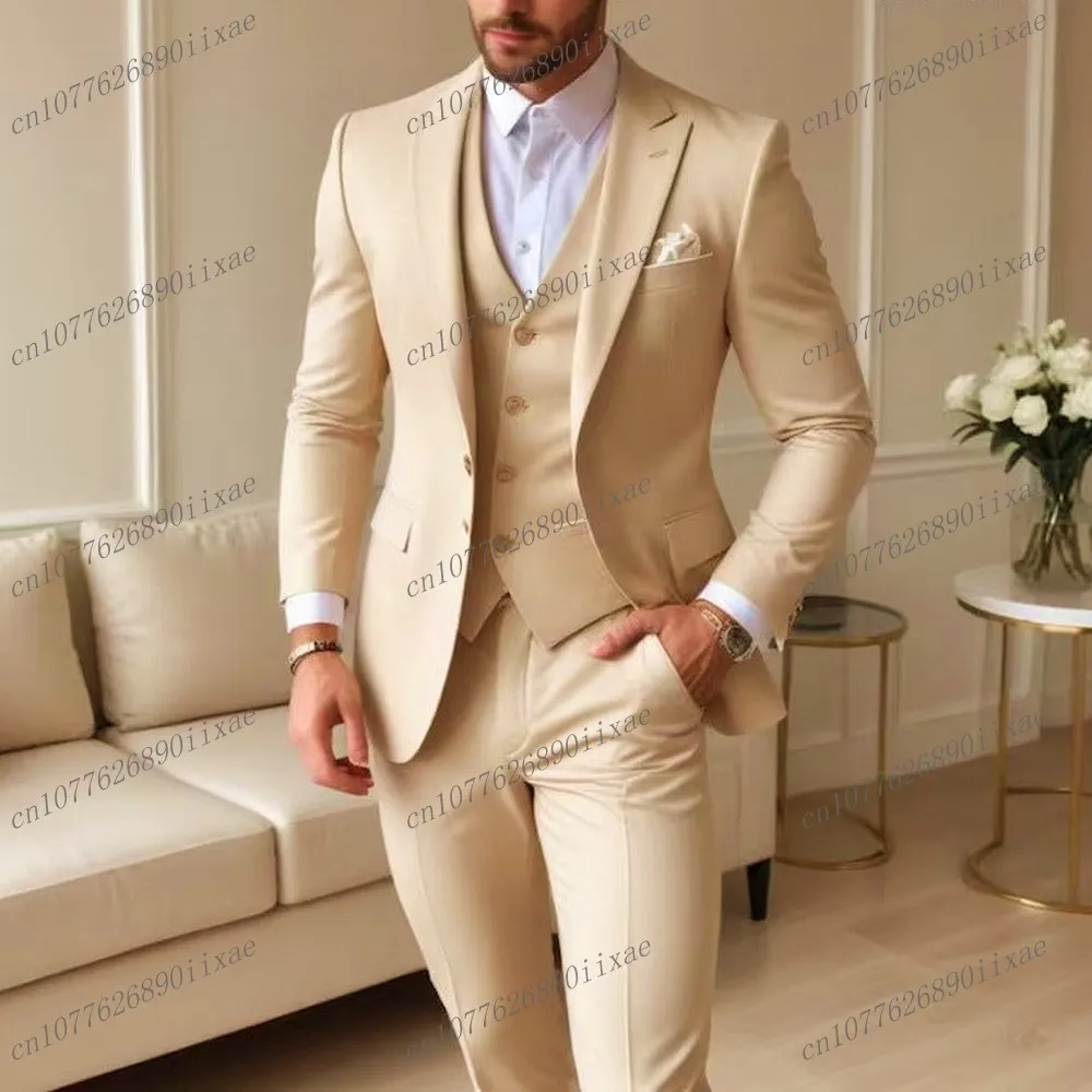 

High Quality Champagne Men Suit Groom Groomsman Wedding Party Prom Business Formal Male Tuxedos 3 Piece Set Blazer Vest Pants