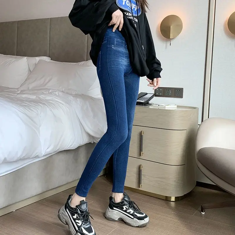 Spring Style Modal Cotton Women's Outer Leggings Imitation Denim Autumn High Elastic High Waist Slim Women's Trousers