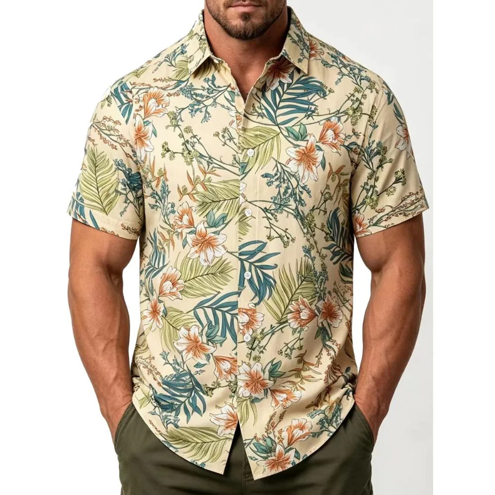 Summer Fresh Tropical Palm Lily Mens Lapel Shirt Lightweight Breathable Polyester Outdoor Travel Daily Casual Beach Blouse