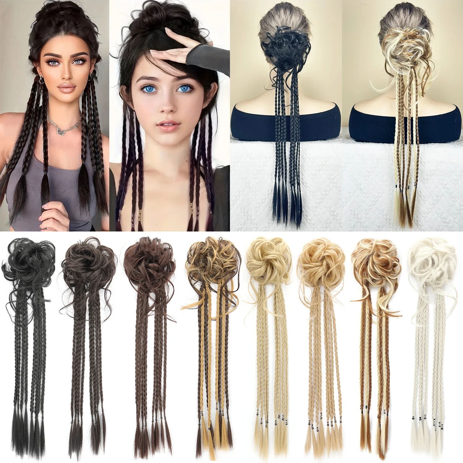 

Synthetic 24Inch Long Braid Hair Bun Twisted Design Black Blonde Fluffy Elasticity Hair Bun Ponytail For Women