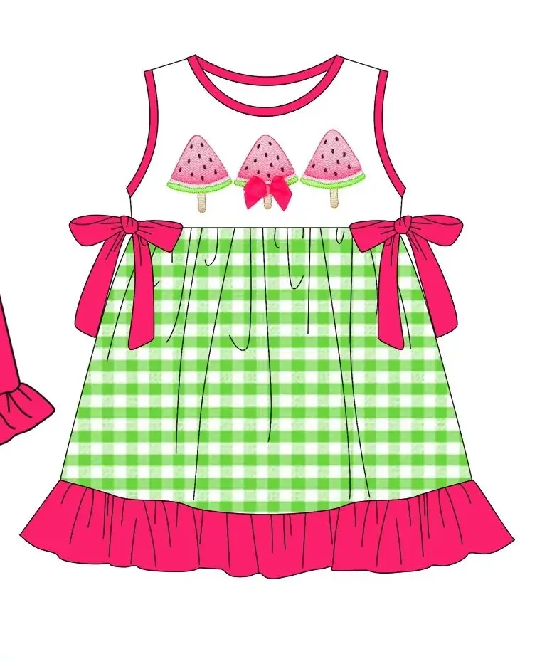 

Summer Toddler Girl Watermelon Popsicle Print Outfit Gingham Bow Top Dress Romper Ruffle Shorts Set