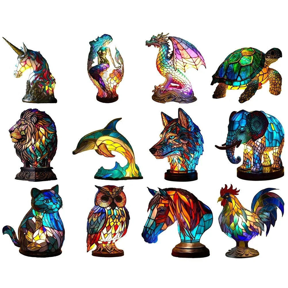 Imagem -02 - Stained Glass Glittering Lamp For Living Room Decor Animal Shape Lighting Series Leão Golfinho Lobo Coruja Cavalo Galo Elefante