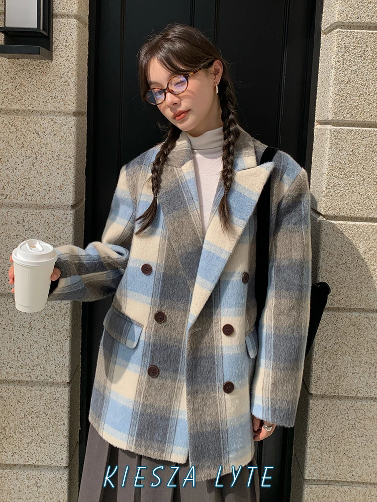 Fashion 2024 Autumn Winter Street vintage Grid Woolen Blazer Women High quality luxury check Wool Jacket women clothing Coats