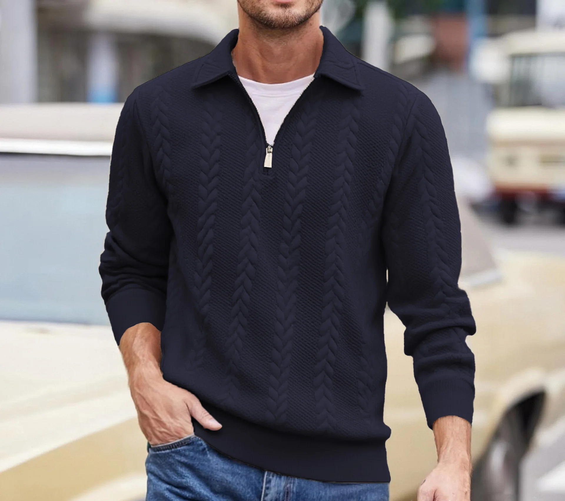 Mens Lapel Half Zip Sweatshirt Long Sleeve Cable Textured Pullover Relaxed Fit Tops For Daily Casual Autumn And Winter Dressing