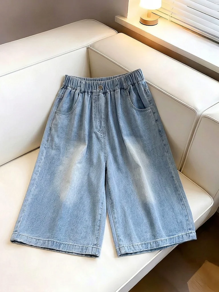 

Light Blue Elastic Waist Wide Leg Jeans Women's Summer New Style plus Size Comfortable Loose Fit Seven Lengths Pants