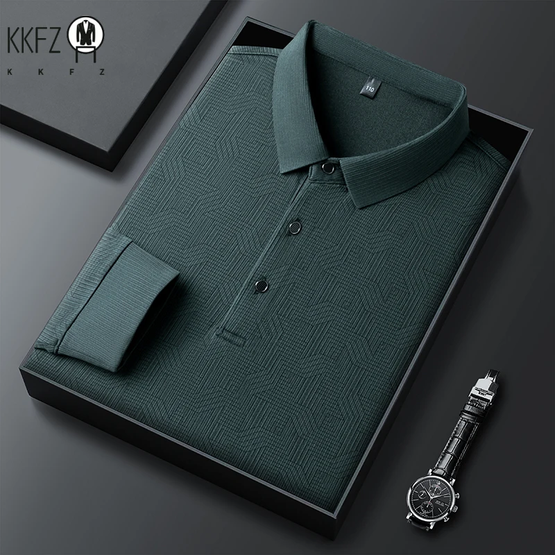 New Men\'s Business Casual Long Sleeved Shirt with Badge Solid Color Polo Shirt Fashionable Breathable Comfortable Versatile Top