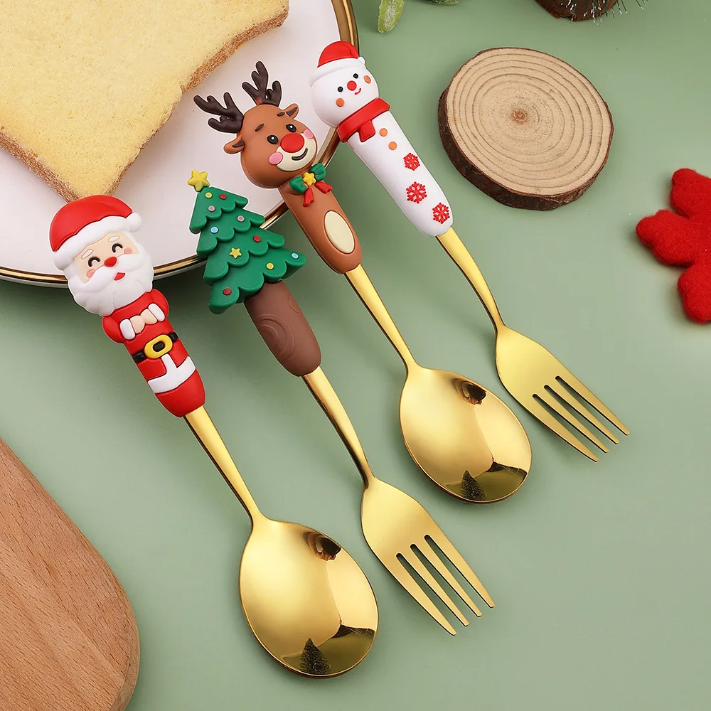 Christmas Spoon Fork Set Cute Elk Santa Claus Doll Stainless Steel Coffee Dessert Spoon Xmas Tableware Gift Box Christmas Home