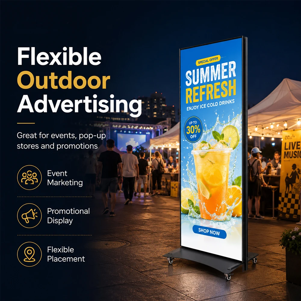 Ultra Thin LED Poster Display Portable Advertising Screen on Wheels Multiple Splicing Indoor Retail Shop Digital Signage Poster