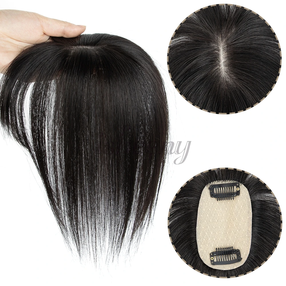 8 Inch Human Hair Topper with Bangs 5x9cm Base Net Natural Look Straight Hairpiece Blending to Hide Bald Spots or White Hair