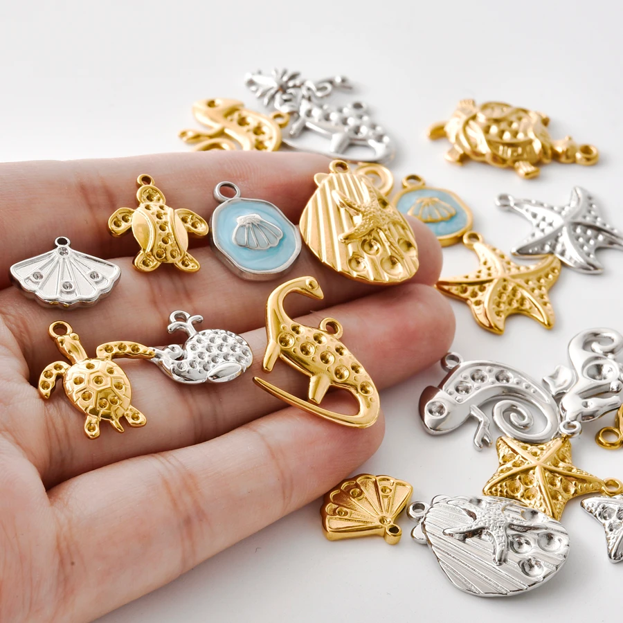 6Pcs Summer Beach Ocean Stainless Steel Charm Turtle Starfish Shell Lizard Whale Dangle Charms Handmade DIY Jewelry Accessories