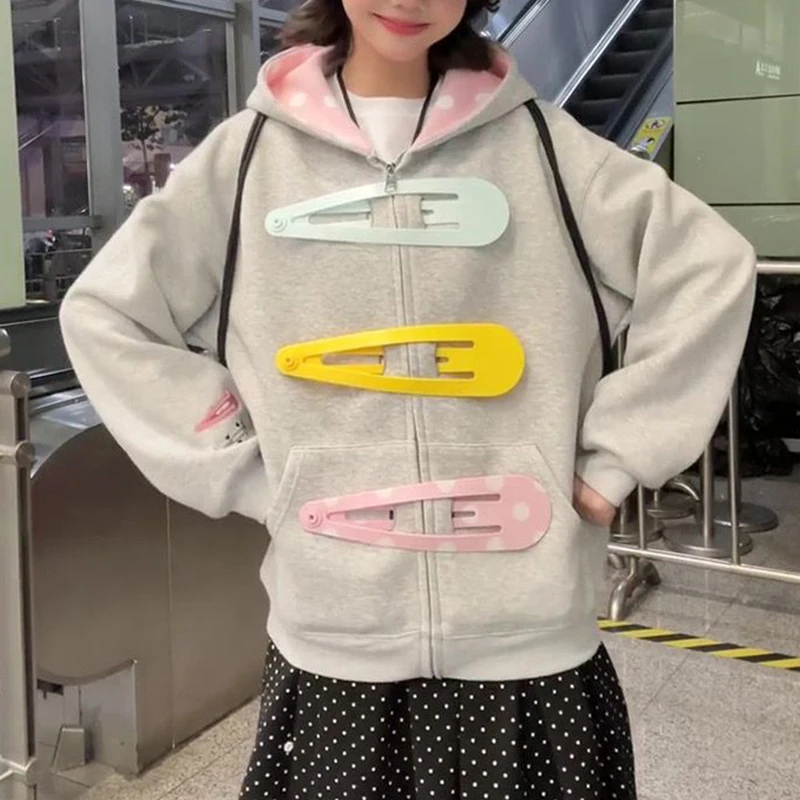 Autumn and Winter Sweet Cute Three-Dimensional Decoration Big Hairpin Design Cardigan Zipper Hoodie Coat Ins Style