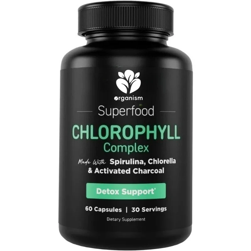 Vitamin chlorophyll capsule deodorizing supplement made from spirulina, microalgae, organic parsley, mint, and activated carbon