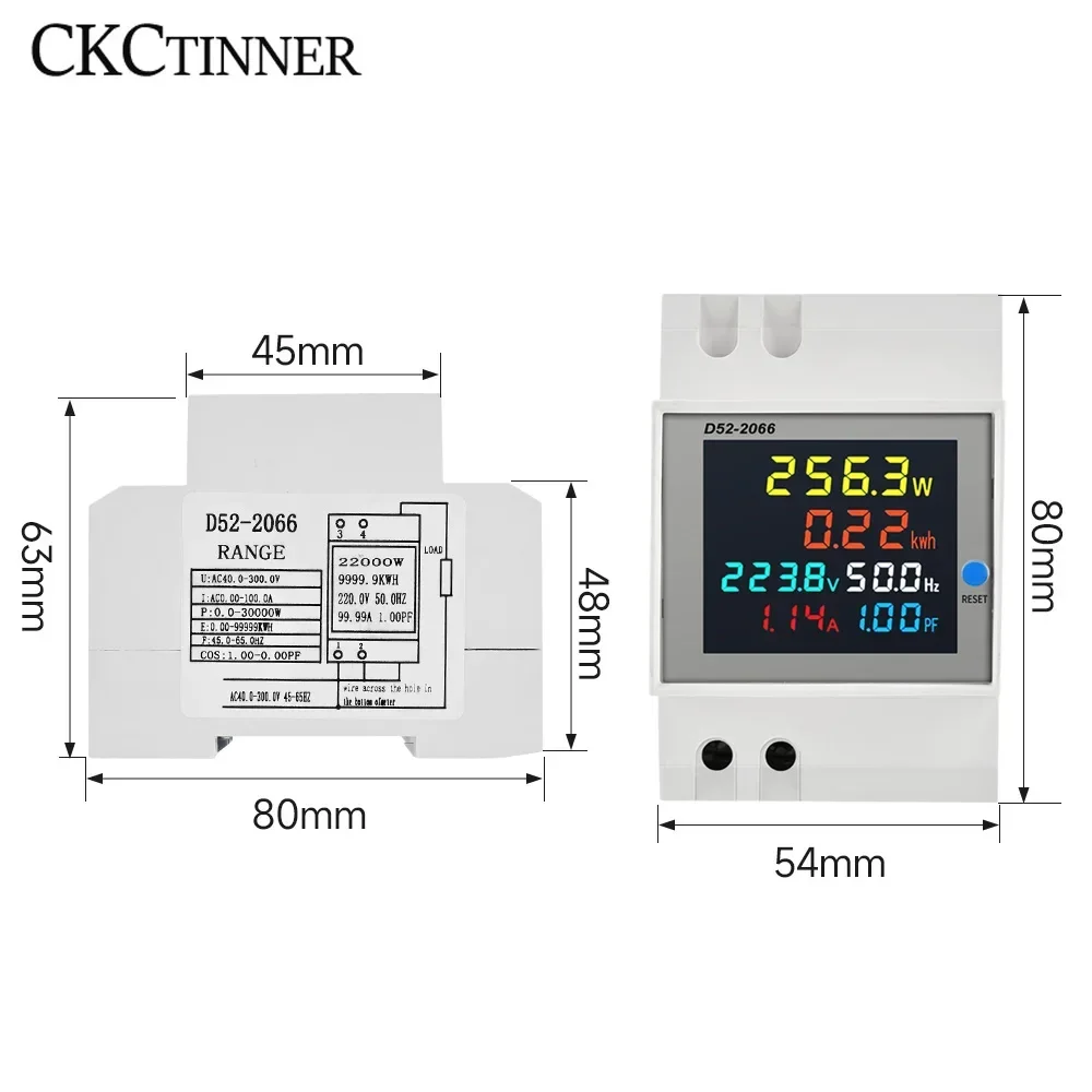 D52-2066 Din Rail AC monitor 6IN1 Display Smart Meter 110V 220V 380V 100A Voltage Current Power Frequency Factor Energy Meter