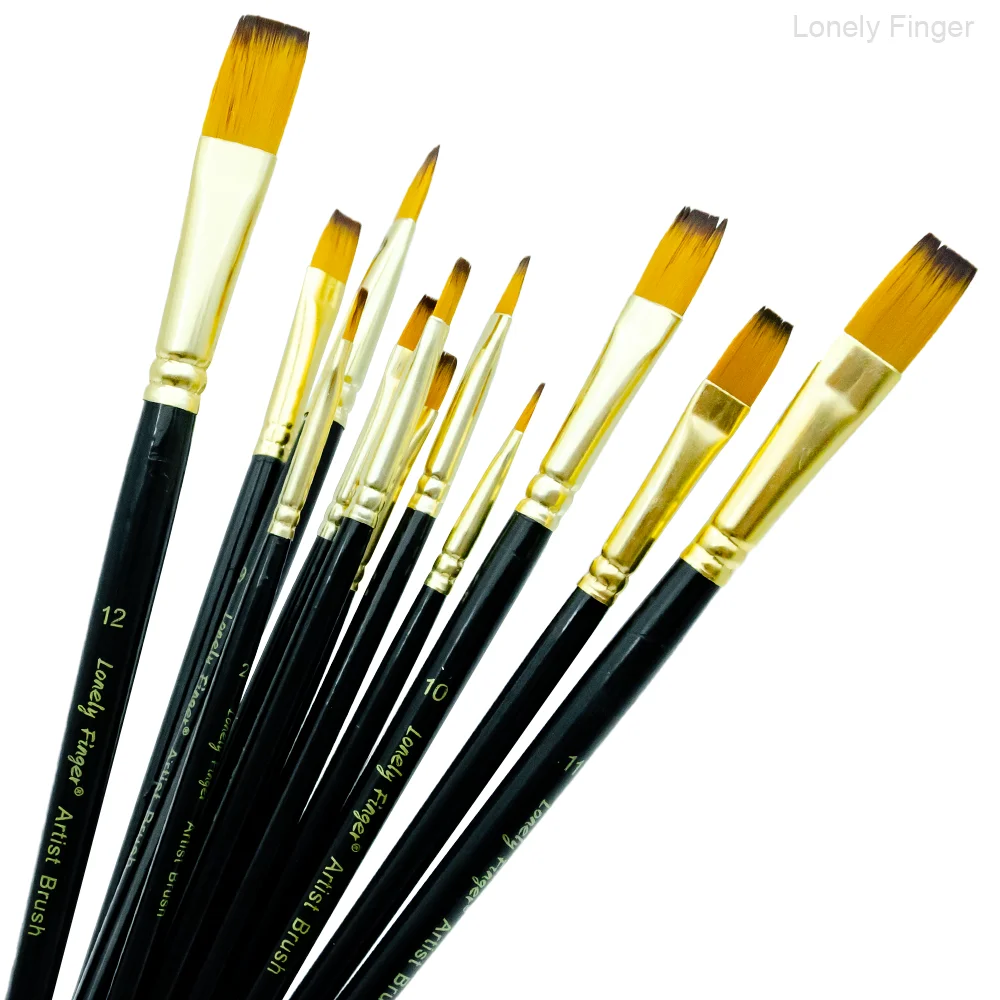 12 PCS Flat Paint Brush Set, Art Painting Brushes for Acrylic, Watercolor, Oil, Gouache, Craft, Detail, Face Body Painting, Base