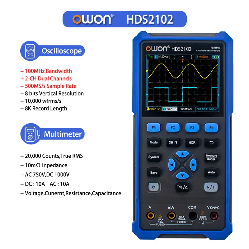 OWON HDS242/HDS272/HDS2102/HDS2202 Multifunctionele draagbare digitale oscilloscoop 100 MHz 500 MSa/s 2 kanalen digitale multimeter