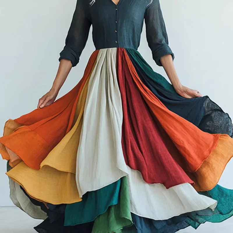 Robes Woman Contrast Mesh Pleated Long Dress Sexy V Neck High Waist Swing Party Dress Spring Long Sleeve Holiday Boho Maxi Dress