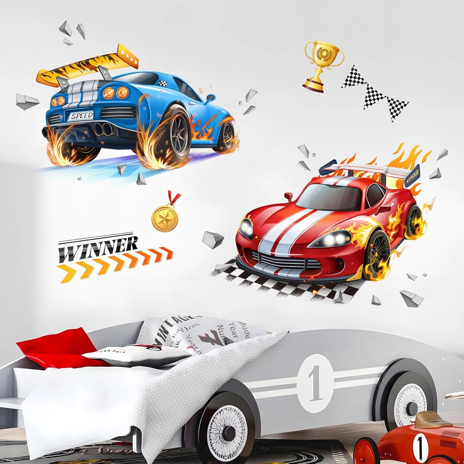 2 قطعة الكرتون 2D سباق شاحنة المائية الجدار ملصق الفينيل غرفة الطفل لعبة غرفة الاطفال الفتيان غرفة نوم غرفة المعيشة ديكور المنزل
