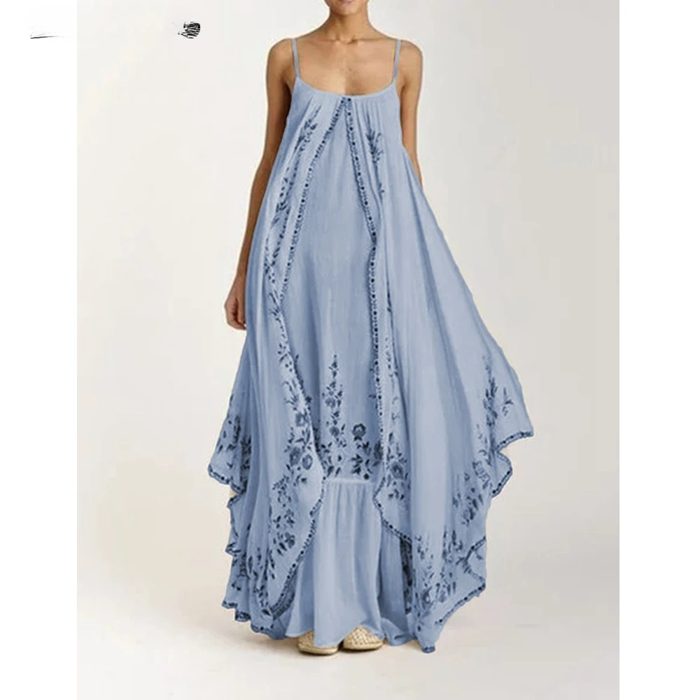 Printed Maxi Dress Women Big Swing Loose Print Stitching Strapless Spaghetti Strap Floor-Length Summer Dress