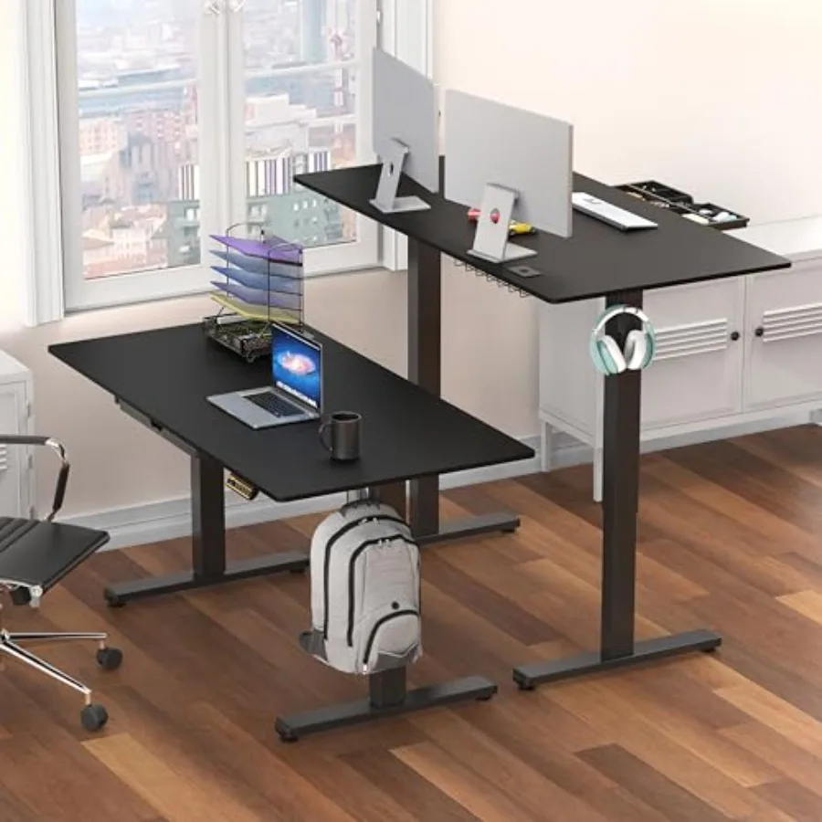 Electric height adjustable standing desk for office use, steel frame, matte black finish, smooth dual-motor lift system with in