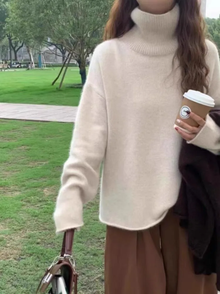 

Turtleneck thick cashmere sweater for women rolled up sleeves autumn and winter new loose bottom woolen sweater bottom shirt