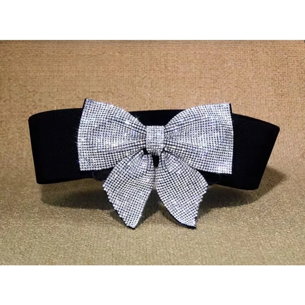 Bling Fashion Women Decorative Dress Belt with Rhinestone Sparkle Elastic Bow Waistband
