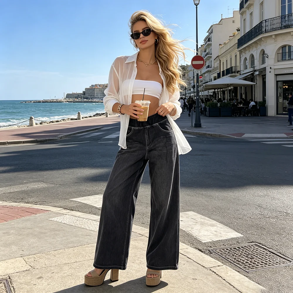 

Women's Vintage Distressed Ripped High Waist Wide Leg Jeans, Elegant Casual Stretch Elastic Waist Comfortable Loose Denim Pants