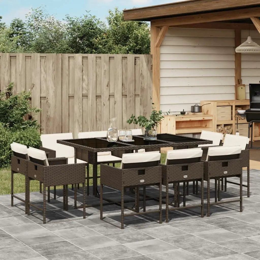 11-Piece Brown Poly Rattan Patio Dining Set with Cushions - Stylish Outdoor Furniture