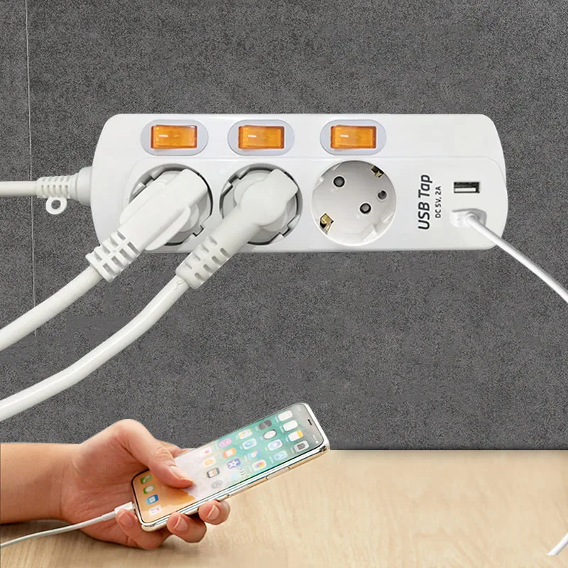 16A 250V Europe Korea Power Strip Surge Protector 3 Outlets 3 Switch 2USB plug 1.5/3meter extension cord