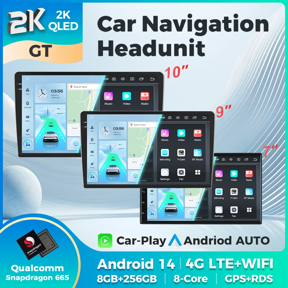 MEKEDE Universal Multimedia Player 7 9 10 Inch 2K QLED Screen Wireless CarPlay Android Auto Android 14 2Din Car Radio Stereo GPS