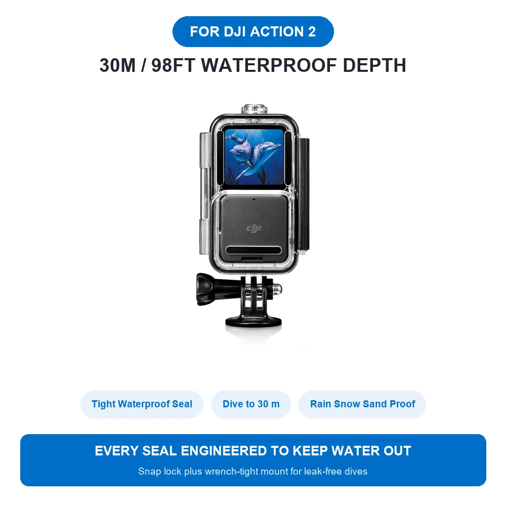 30M Waterproof Housing Case for DJI Action 2 Diving Cover Clear 9H Tempered Glass Lens with Mount Adapter Wrench Thumb Screw Kit