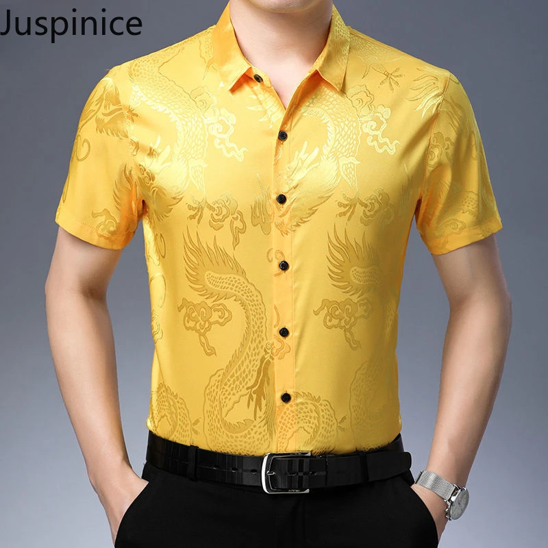 

Summer Jacquard Ice Silk Short Shirts Men's Chinese Style Dragon Jacquard Large Size Loose Casual High Street Shirt Male Clothes