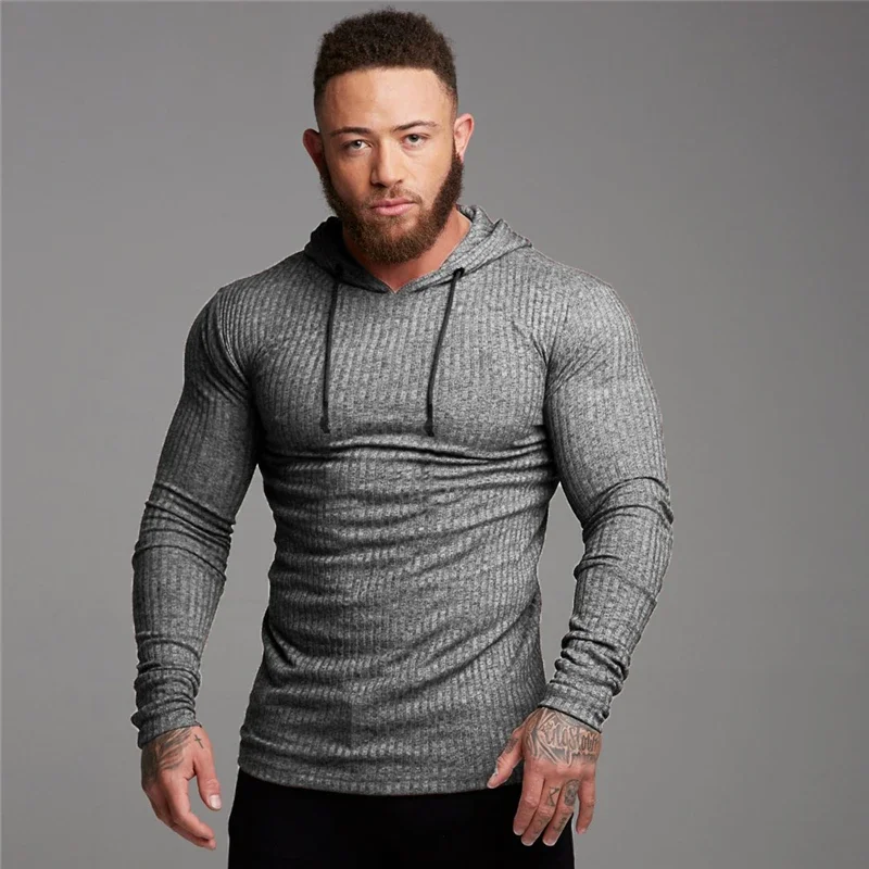 Plain Mens Sport Long Sleeve Hoodie Slim Fit Breathable Quick Dry Knitted Elastic T-shirt Gym Bodybuilding Fitness Hooded Shirts