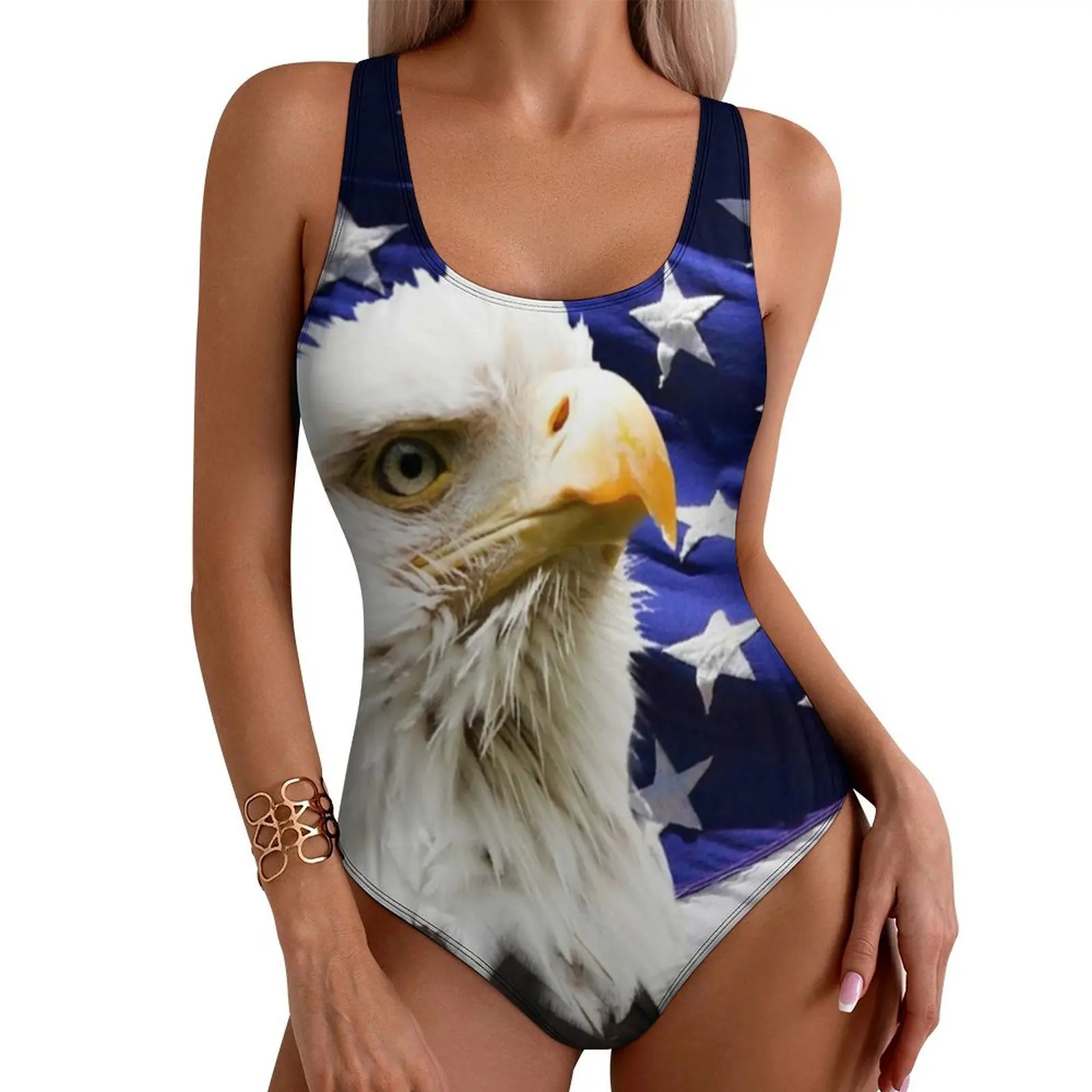 American Bald Flag Eagle Swimsuit Sexy Spirit Star Print National Bird Women Swimwear Bodysuit Push Up Hollow Out Bathing Suits
