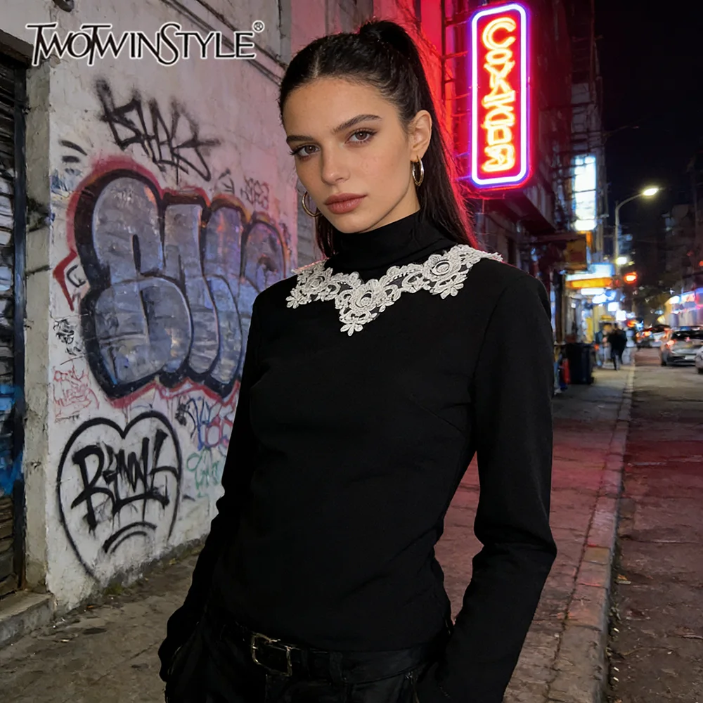 

TWOTWINSTYLE Black Loose Spliced Lace Shirts for Women Turtleneck Long Sleeve Elegant Commute Shirt Female Autumn Fashion New