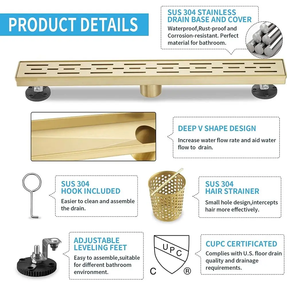 Sifone doccia da 32 pollici in acciaio inox spazzolato oro con griglia rimovibile, scarico a incasso, filtro per capelli incluso