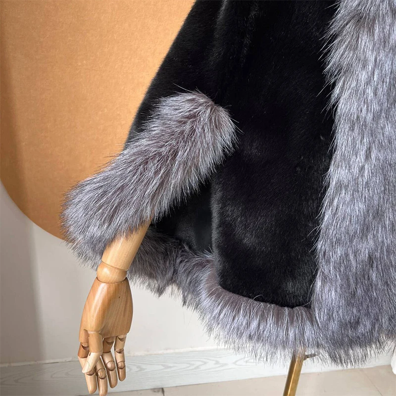 New  Winter Fake Mink Fur Shawl Coat With Fake Silver Fox Fur Collar Thick Warm Women\'s Fashion Luxury Female Jacket Cape