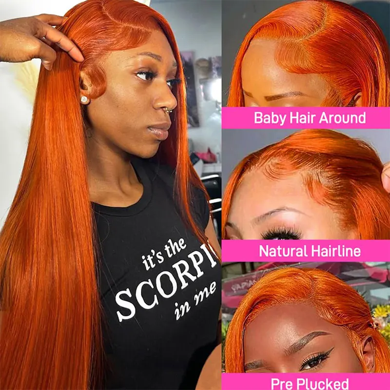 Straight Ginger Orange 13x4 Lace Front Wig 100% Human Hair 13x6 Lace Front Wigs for Women 200% Density 34 inch 350 Colored