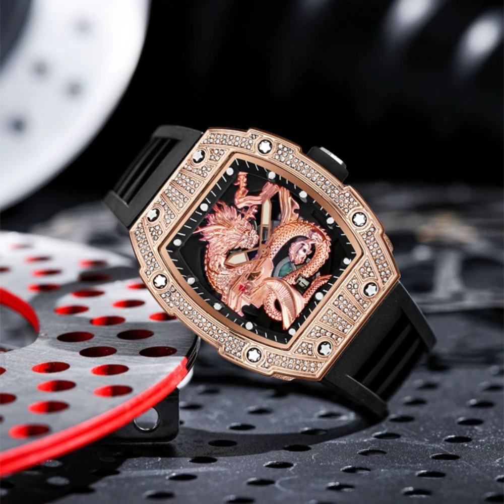 Tonneau Dragon Shaped Engraved Dial Quartz Watch Men Luxury Fashion Luminous Waterproof AAA Sport Watches Men Steel Men Clock