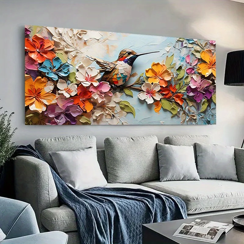 Modern Wooden Wall Canvas Painting, Vibrant Floral Hummingbird Art Poster, Decor Artwork for Living Room and Bedroom, No Frame