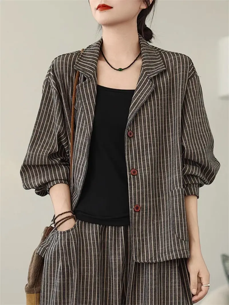 Retro Stripe Cotton And Linen Suit 2024 Women\'s Autumn Temperament Casual Wide Leg Harem Pants Loose Oversized 2 Piece Set K2478