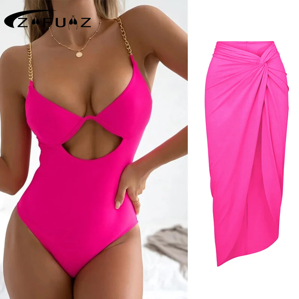 

ZAFUAZ 2024 Sexy Bikinis One Piece Swimsuit Pink Vintage Skirt Hollow Out Monokini Swimwear Women Bathing Suit Dress Brazilian