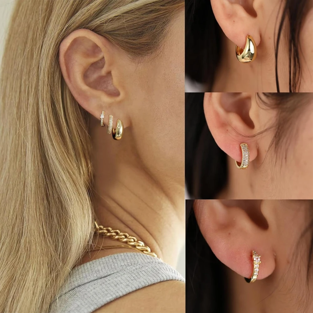 3pair/set 18K Gold Plated Chunky Hoop Earrings for Women CZ Zircon Stackable Cartilage Tiny Huggie Earring Jewelry Girls Gift