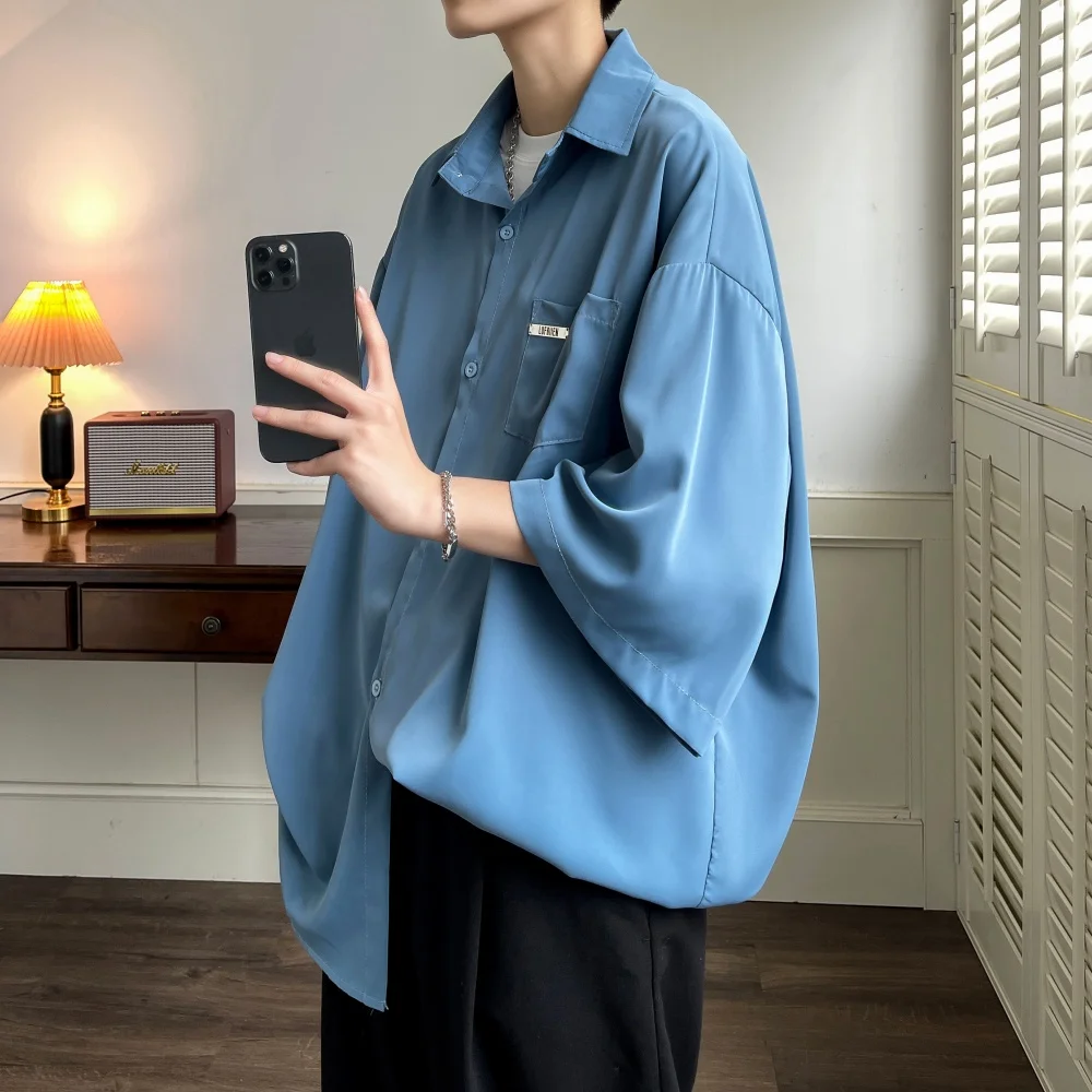 

Ice Silk Men's ort Sve irt Summer Thin Hanging Feeling Large Size Casual Outerwear Seven Parts Trendy Lazy Sle