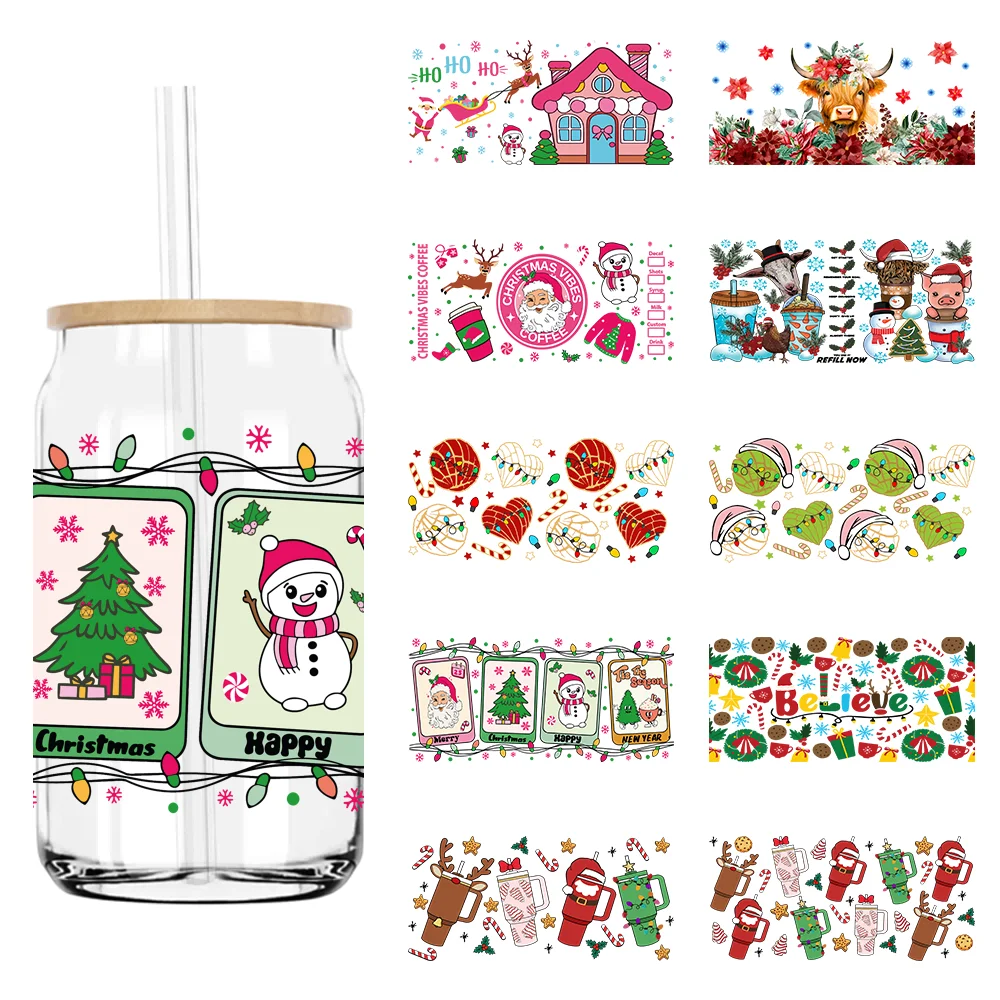 

Merry Christmas Happy New Year 16OZ UV DTF Cup Wrap Transfer Stickers Custom Labels DIY Durable Waterproof Logo For Libbey Glass