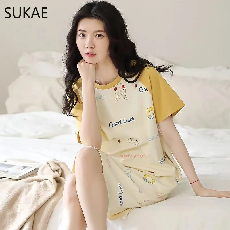 SUKAE Plus Size M-5XL Woman Nightdress Summer Women Sleepshirt 100% Polyester Milk Silk Short Sleeves Sleep Top Casual Sleepwear