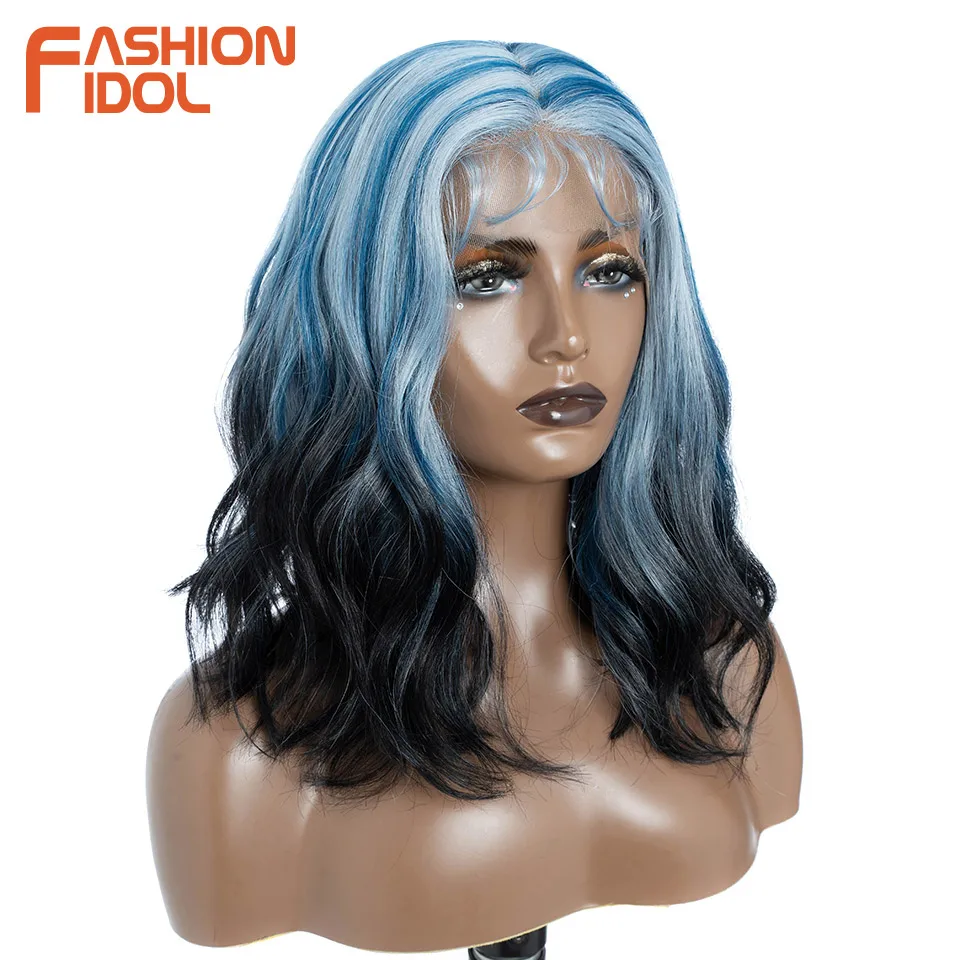 FASHION IDOL 12 Inch Bob 13x7 HD Lace Front Synthetic Wigs For Black Women Ombre Blue Heat Resistant Short Body Wave Cosplay Wig