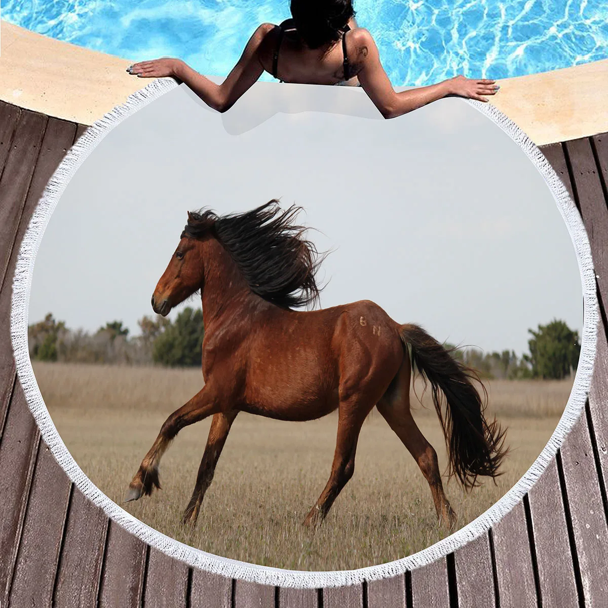 مزرعة الحيوان الحصان منشفة الشاطئ المستديرة، تشغيل الحصان بطانية شاطئ شال لينة ستوكات ماصة سريعة الجافة منشفة حمام السباحة نزهة الحصير #6