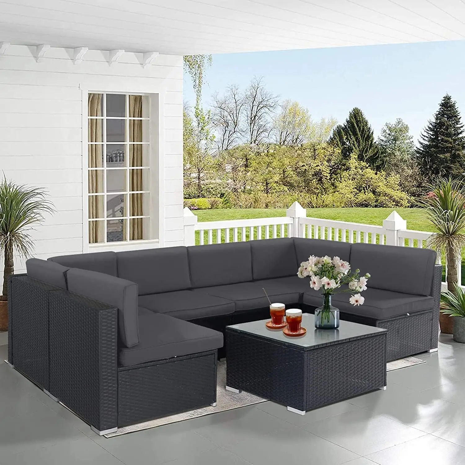 Conjunto de muebles de exterior para Patio, sofá Seccional de mimbre negro para todo tipo de clima, mesa de centro de vidrio moderno y cojín lavable, 7 piezas