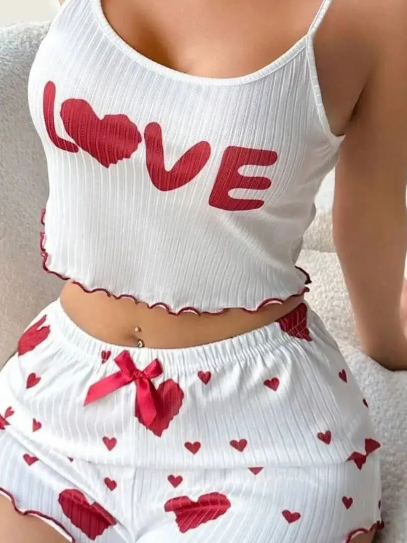 2025 Summer Heart Litter Pattern Large Size New Casual Style Women's Shorts Set Homewear Pajamas Elegant Bowknot Shorts Set 49KP