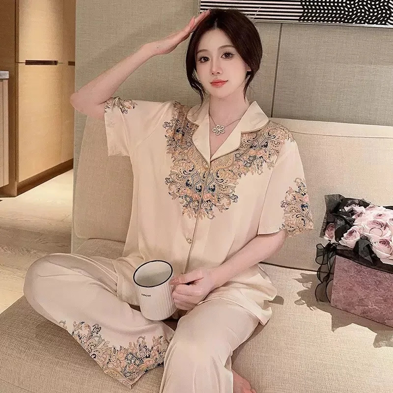 26 Spring Summer Short-sleeve Long Pants 3piece Set Ice Silk Pajamas Girl Women Chinese Luxury High-end Nightgown Sleepwear